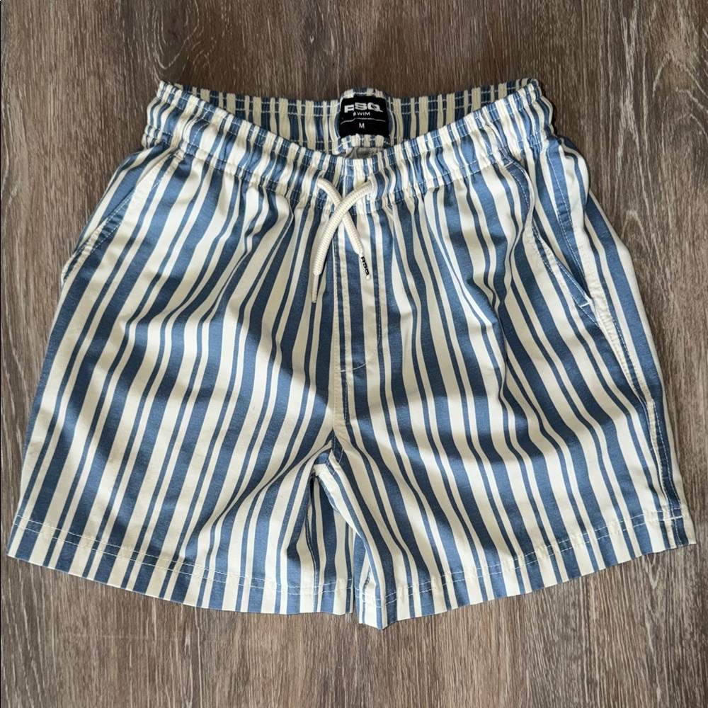 RSQ Blue and White Striped Swim Trunks